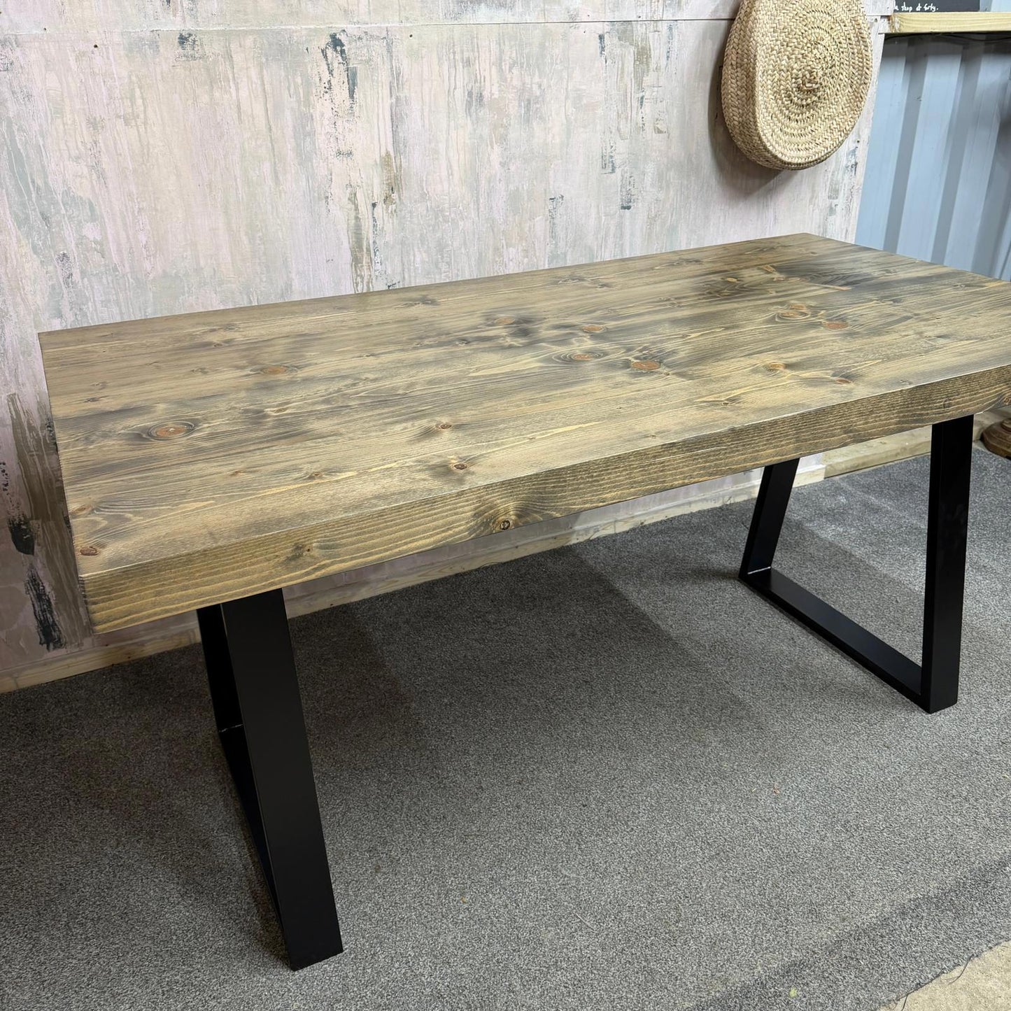 Modern Solid Wood Dining Table Industrial Trapezium Legs Seats 6 Warehouse Loft