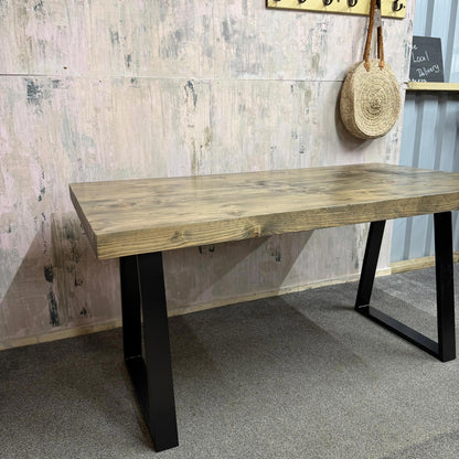 Modern Solid Wood Dining Table Industrial Trapezium Legs Seats 6 Warehouse Loft