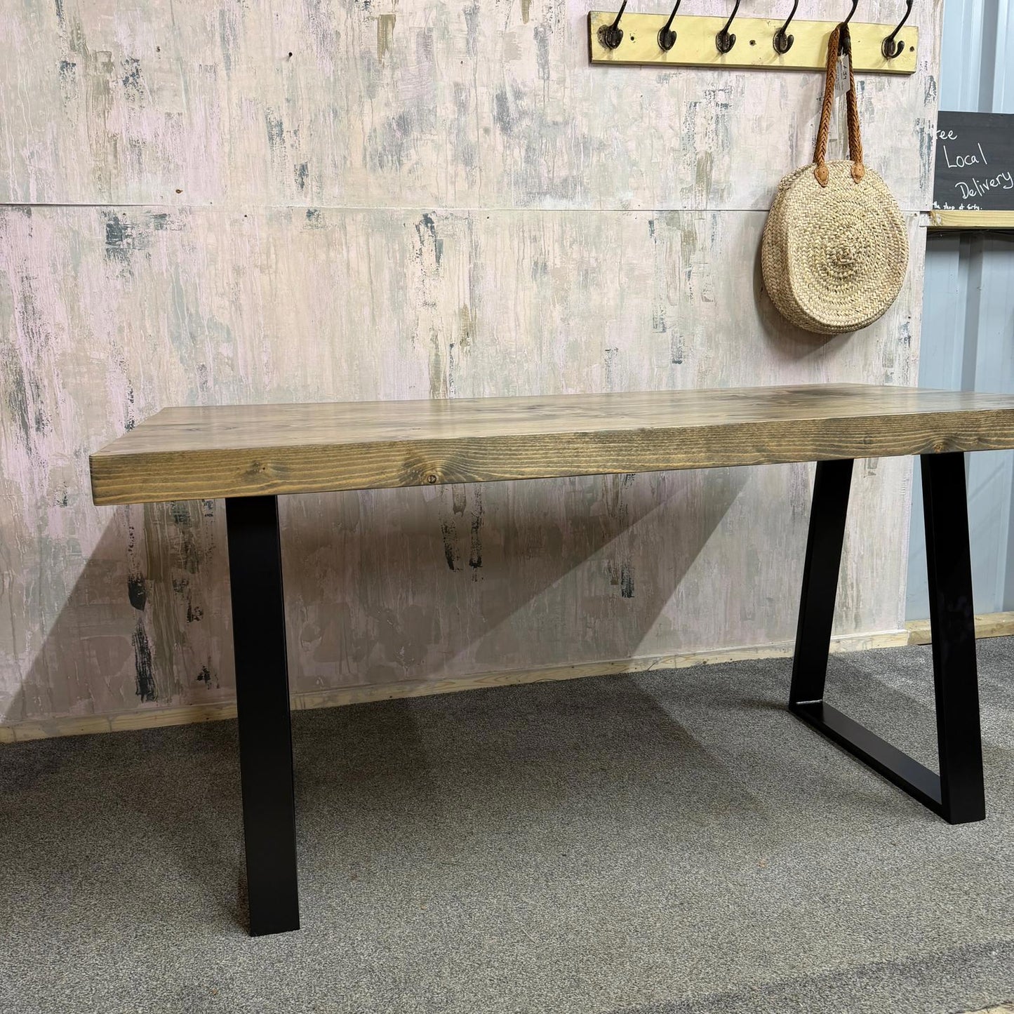 Modern Solid Wood Dining Table Industrial Trapezium Legs Seats 6 Warehouse Loft