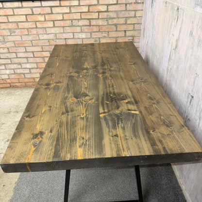 Modern Solid Wood Dining Table Industrial Trapezium Legs Seats 6 Warehouse Loft