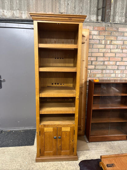 Tall Narrow Oak Entertainment Media Unit Adjustable Shelves Over Double Cupboard