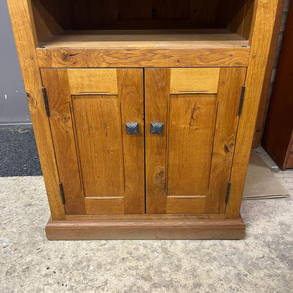 Tall Narrow Oak Entertainment Media Unit Adjustable Shelves Over Double Cupboard