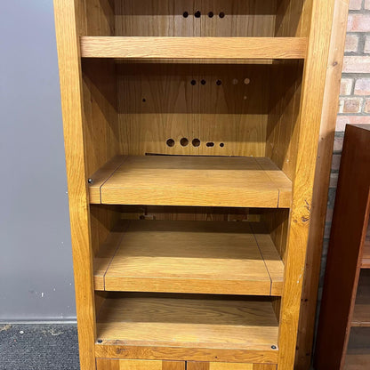 Tall Narrow Oak Entertainment Media Unit Adjustable Shelves Over Double Cupboard