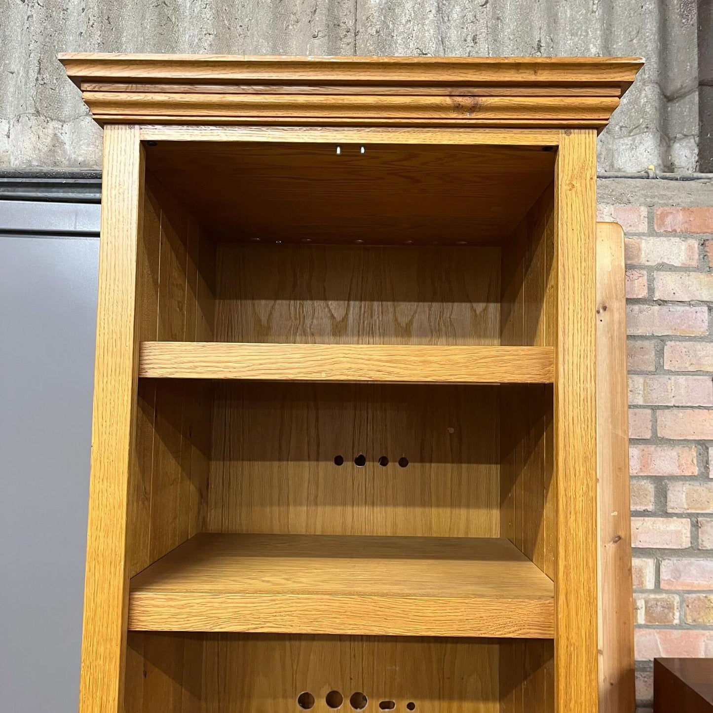 Tall Narrow Oak Entertainment Media Unit Adjustable Shelves Over Double Cupboard