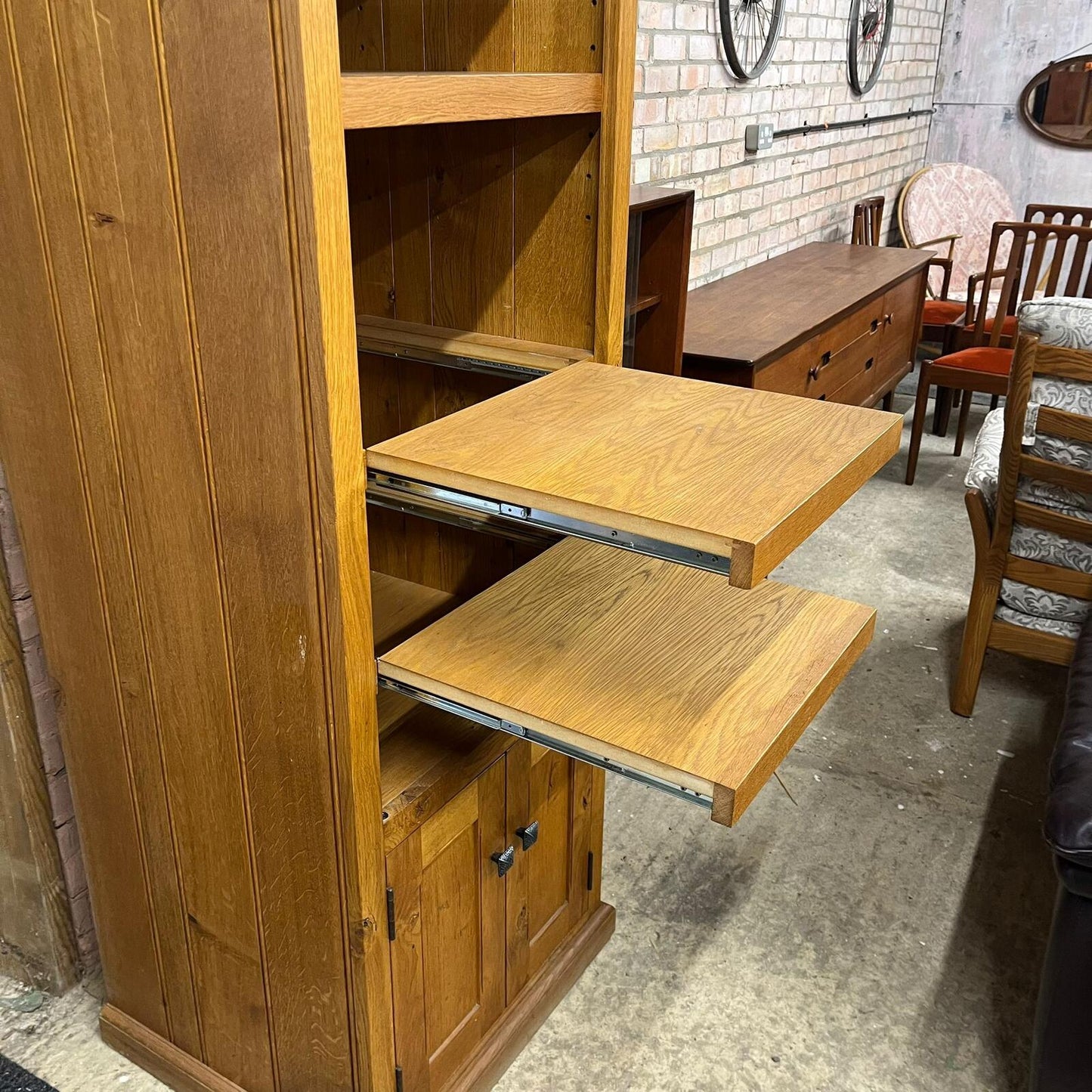 Tall Narrow Oak Entertainment Media Unit Adjustable Shelves Over Double Cupboard