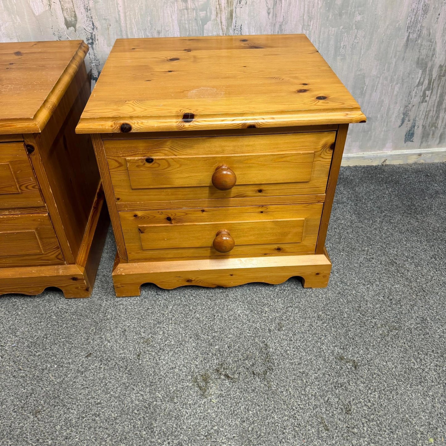 Pair Solid Pine Low 2 Drawers Bedside Cabinets Scalloped Edge