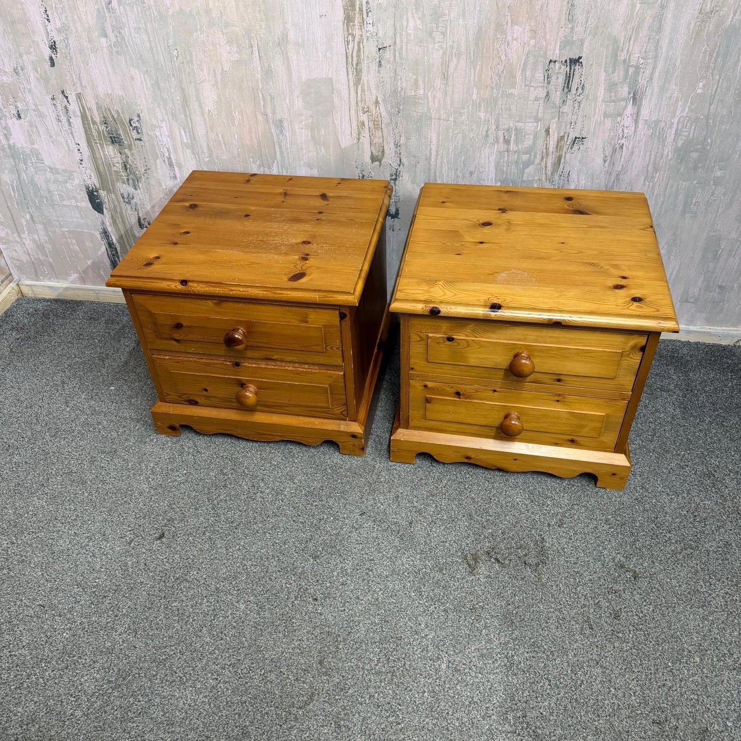 Pair Solid Pine Low 2 Drawers Bedside Cabinets Scalloped Edge