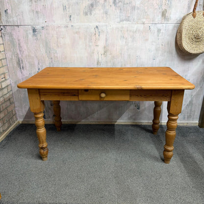 Farmhouse Style Pine Kitchen Dining Table With Drawer Turned Legs Seats 6