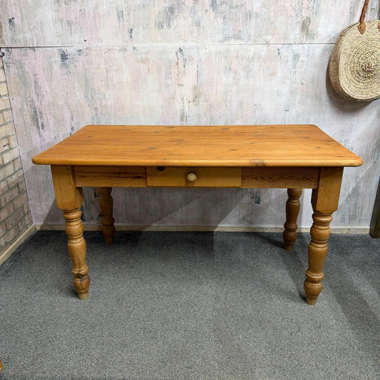 Farmhouse Style Pine Kitchen Dining Table With Drawer Turned Legs Seats 6