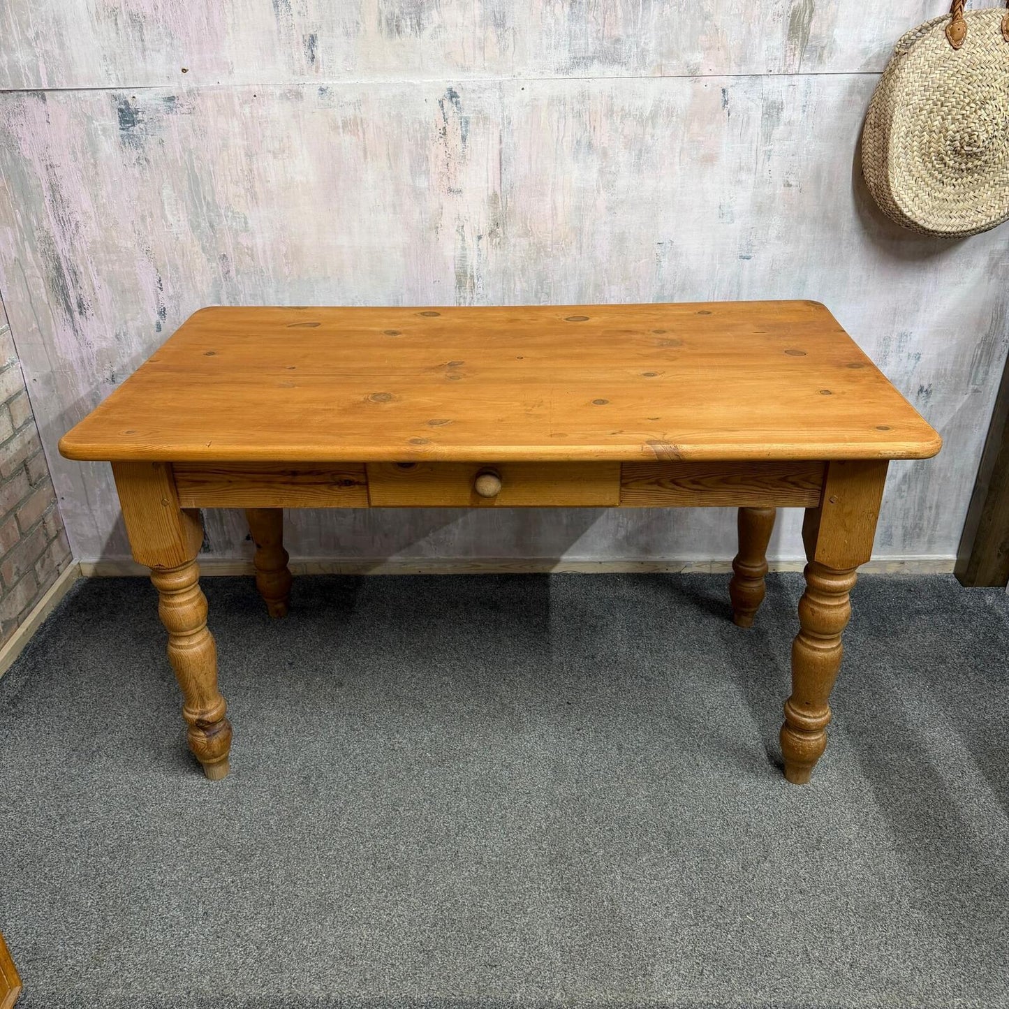 Farmhouse Style Pine Kitchen Dining Table With Drawer Turned Legs Seats 6