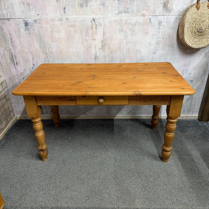 Farmhouse Style Pine Kitchen Dining Table With Drawer Turned Legs Seats 6