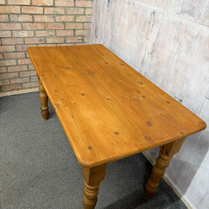 Farmhouse Style Pine Kitchen Dining Table With Drawer Turned Legs Seats 6