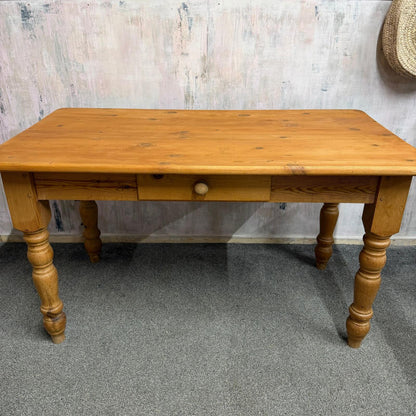 Farmhouse Style Pine Kitchen Dining Table With Drawer Turned Legs Seats 6