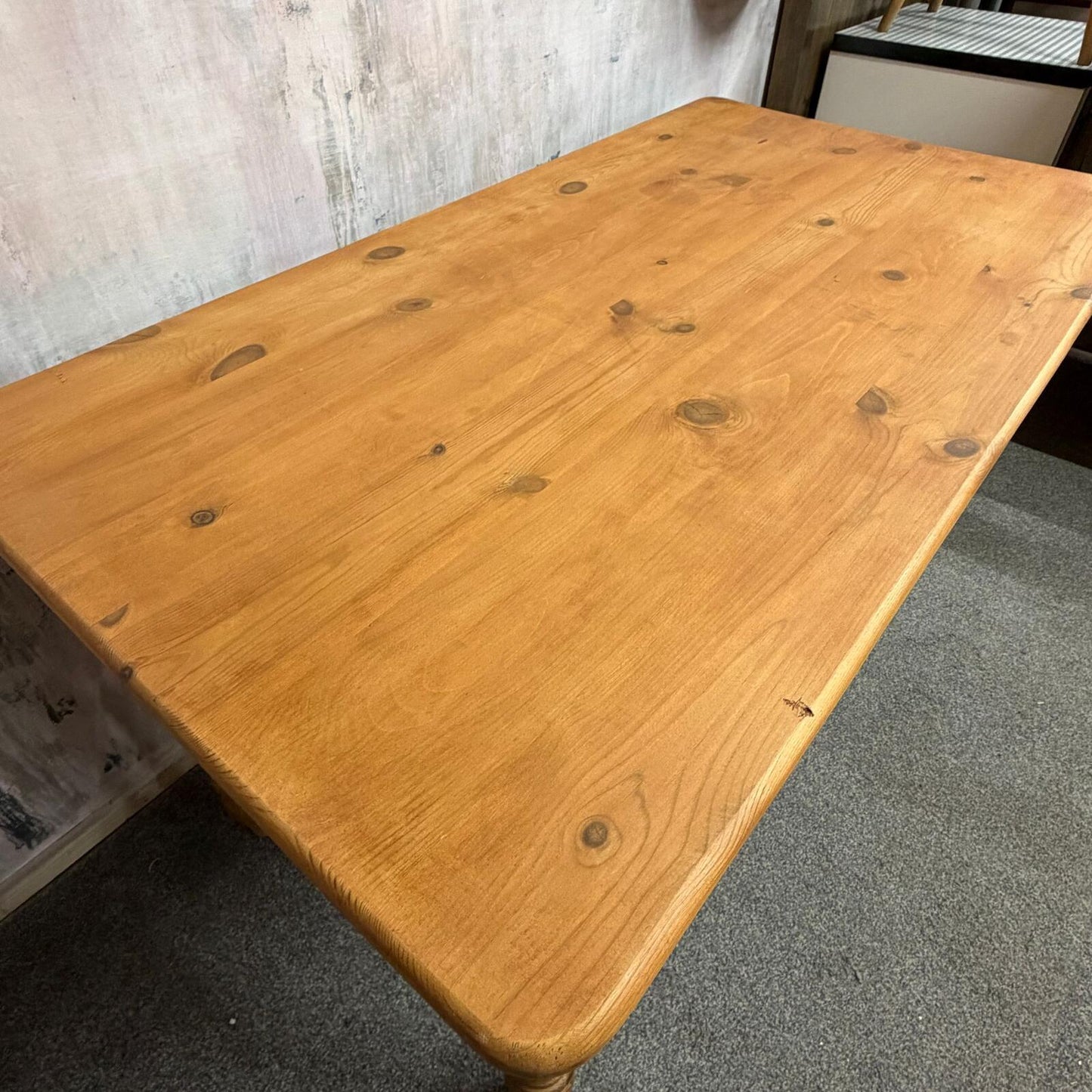 Farmhouse Style Pine Kitchen Dining Table With Drawer Turned Legs Seats 6