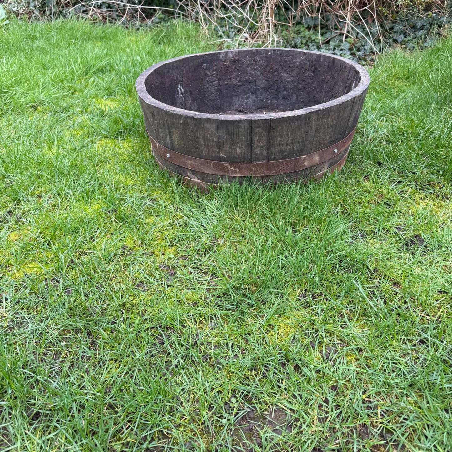 Vintage Wooden Barrel End Planter Banded Not Watertight