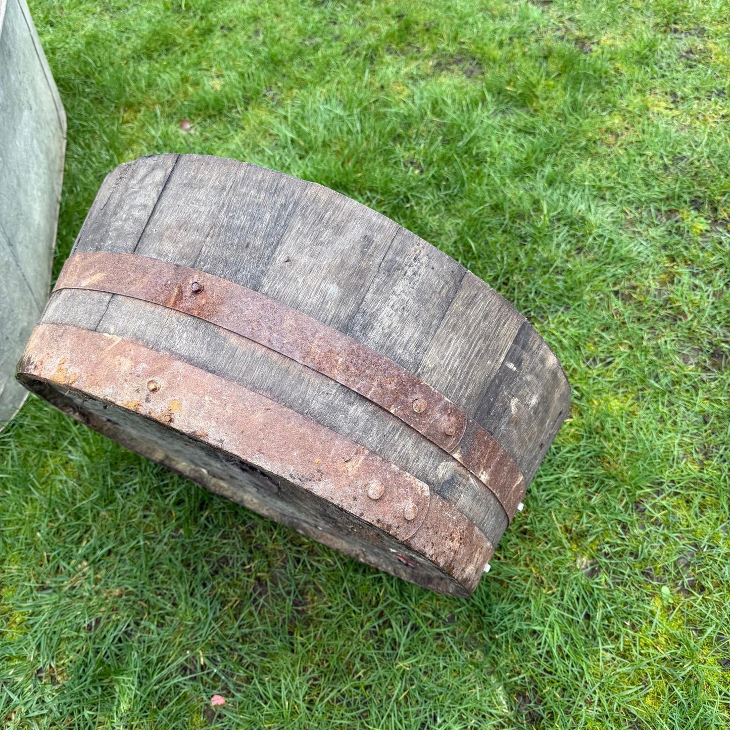 Vintage Wooden Barrel End Planter Banded Not Watertight