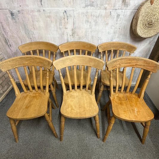 6 Vintage Beech Farmhouse Dining Chairs Turned Legs