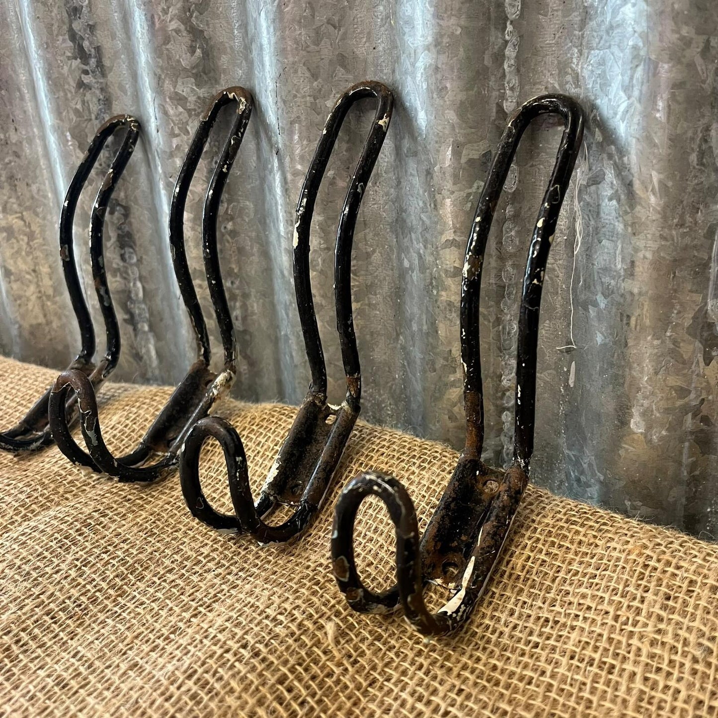 Vintage Metal Double Coat Hooks Painted Black Great Patina Priced Per Unit