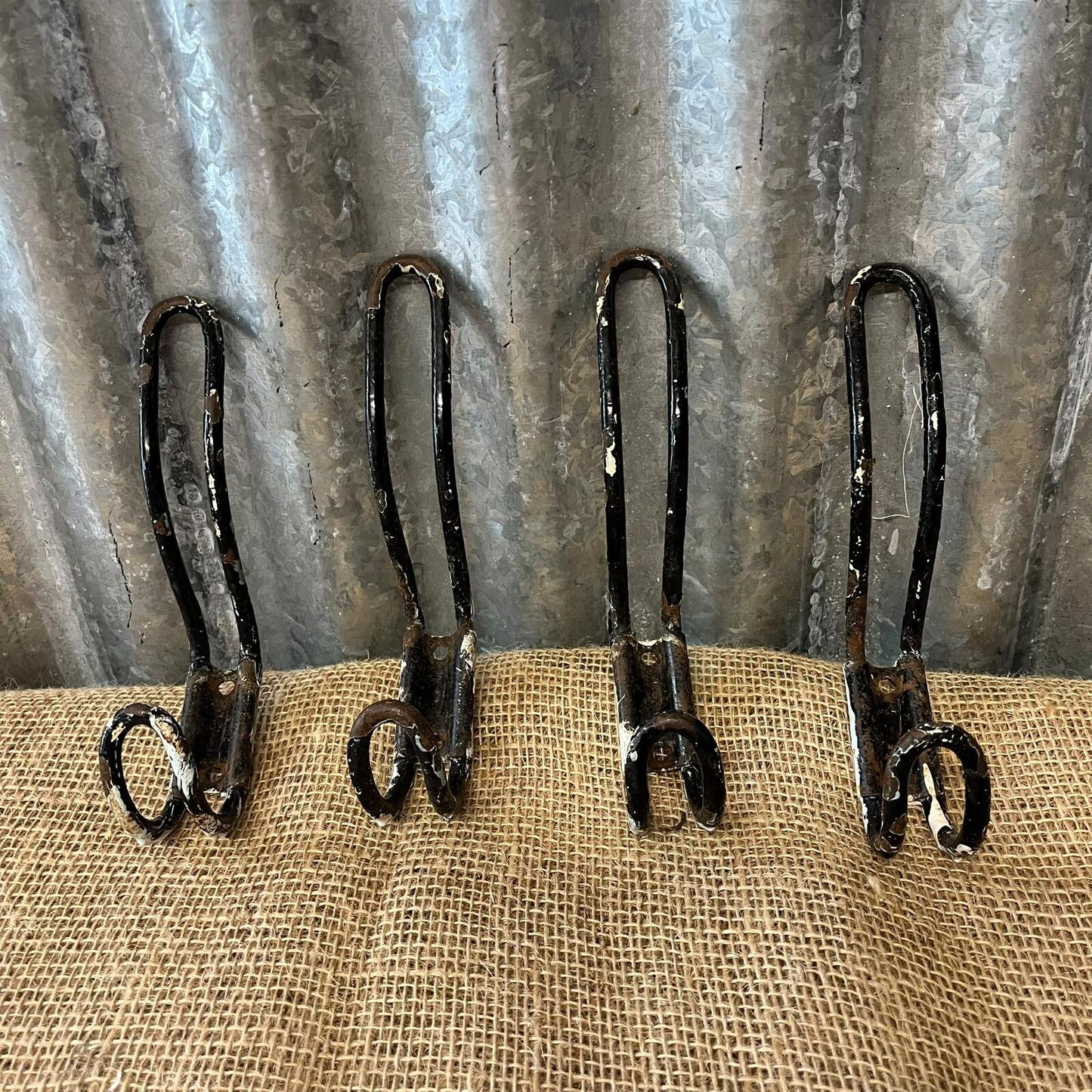 Vintage Metal Double Coat Hooks Painted Black Great Patina Priced Per Unit