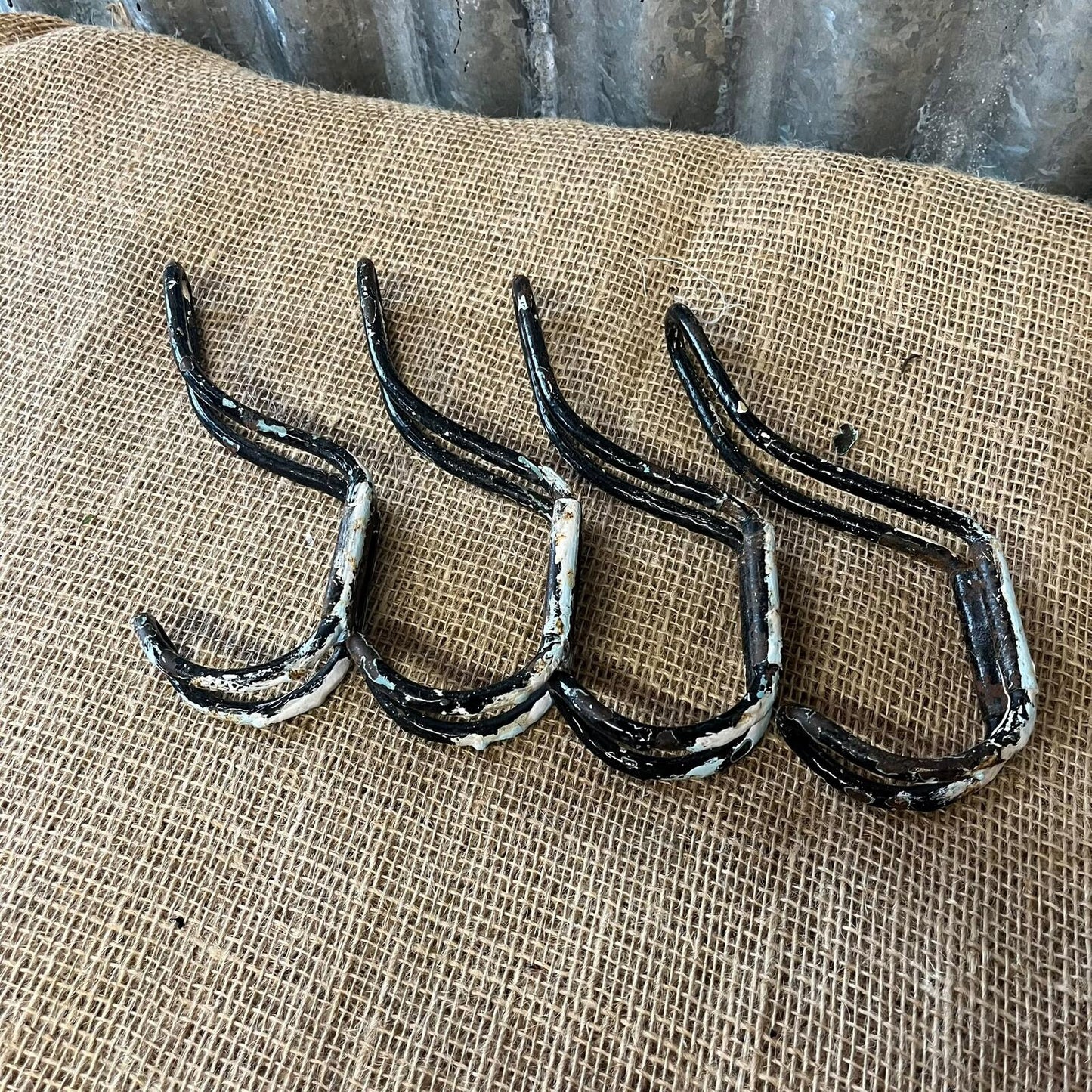 Vintage Metal Double Coat Hooks Painted Black Great Patina Priced Per Unit