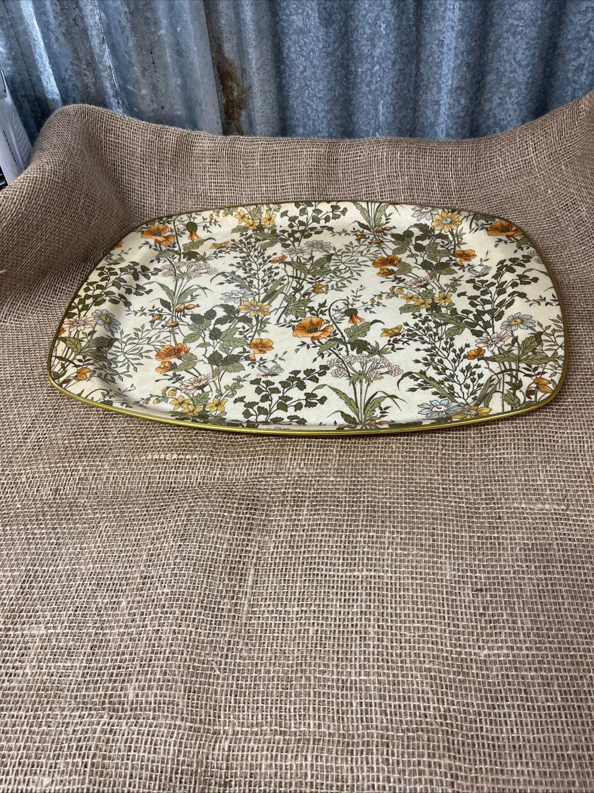 Vintage Fibreglass Floral Design Drinks Tray With Gold Trim Retro