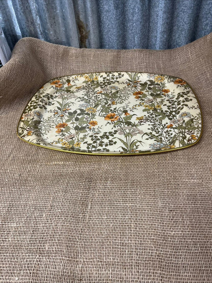 Vintage Fibreglass Floral Design Drinks Tray With Gold Trim Retro