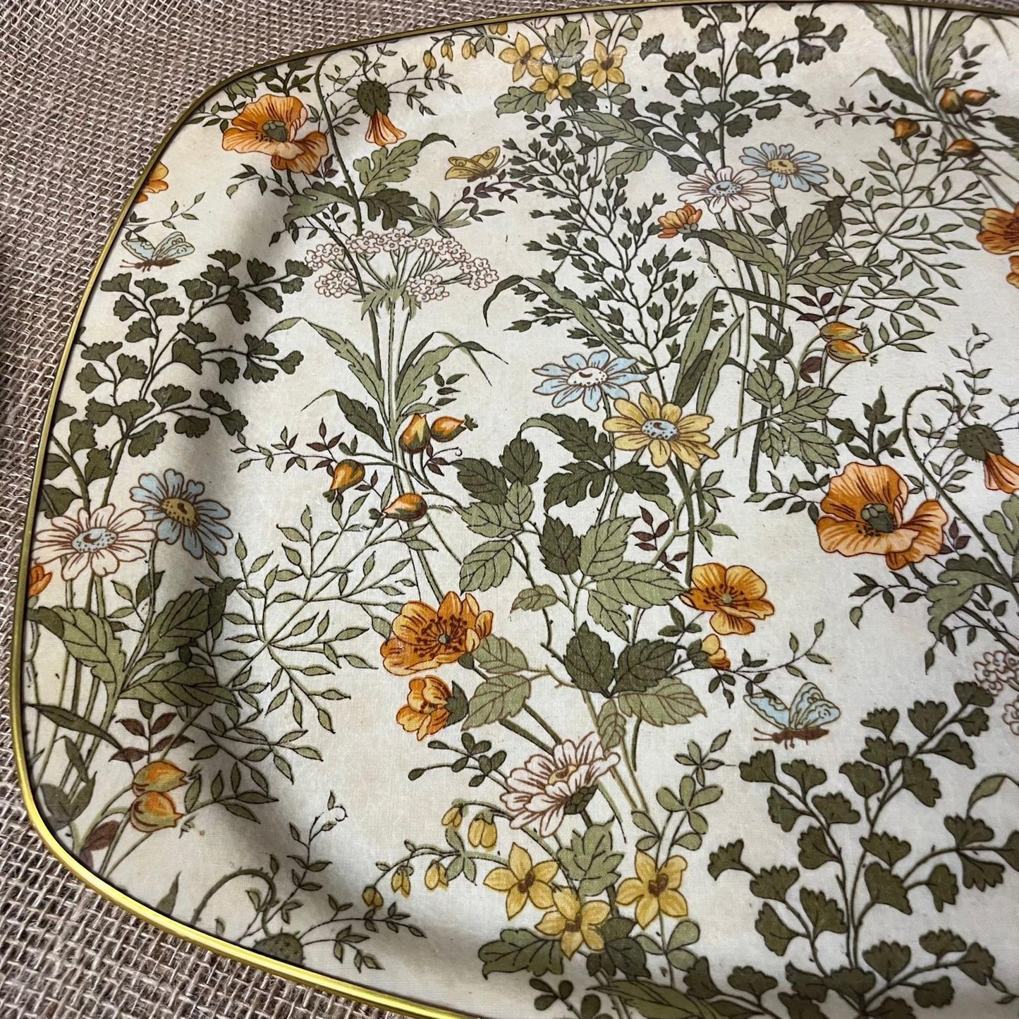 Vintage Fibreglass Floral Design Drinks Tray With Gold Trim Retro