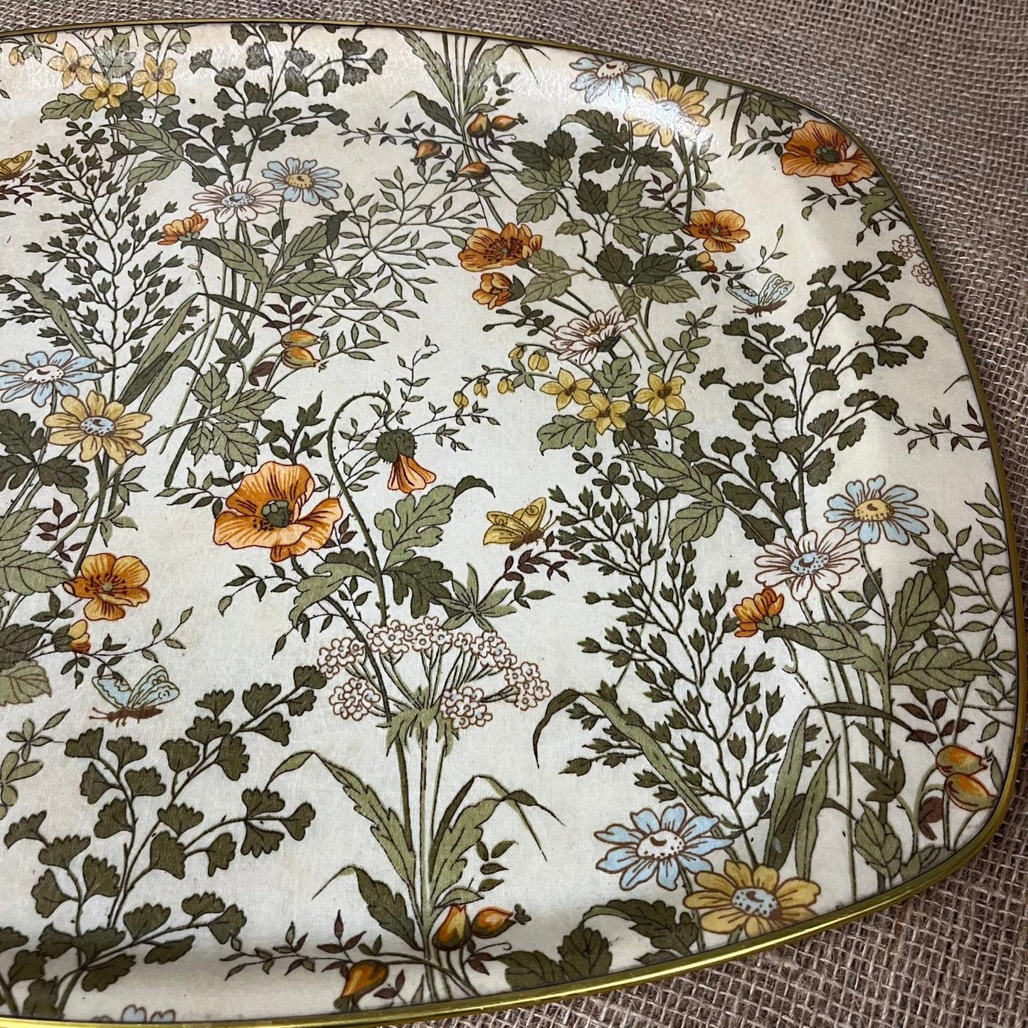 Vintage Fibreglass Floral Design Drinks Tray With Gold Trim Retro