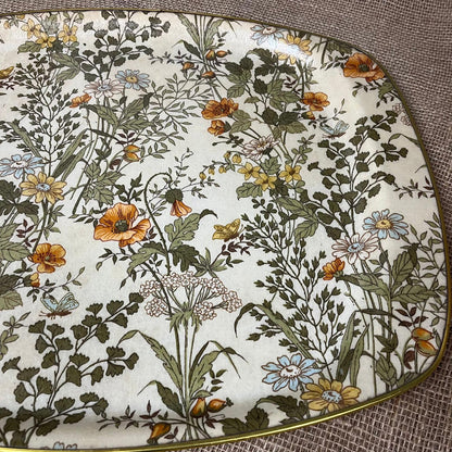 Vintage Fibreglass Floral Design Drinks Tray With Gold Trim Retro