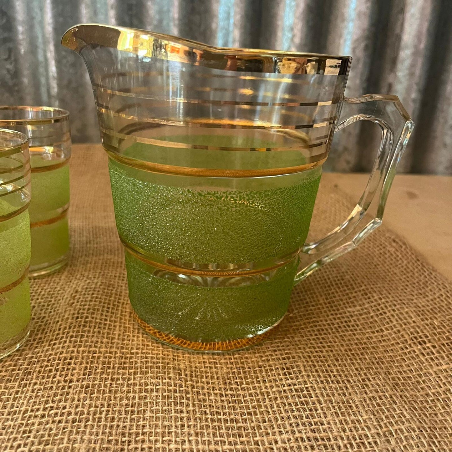 Vintage Italian? Glass Jug & 6 Glasses Green Frosted Gold Stripes