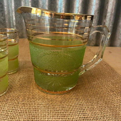 Vintage Italian? Glass Jug & 6 Glasses Green Frosted Gold Stripes
