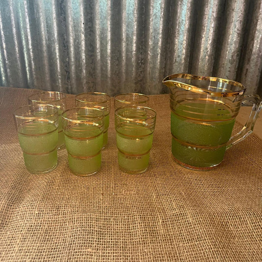 Vintage Italian? Glass Jug & 6 Glasses Green Frosted Gold Stripes