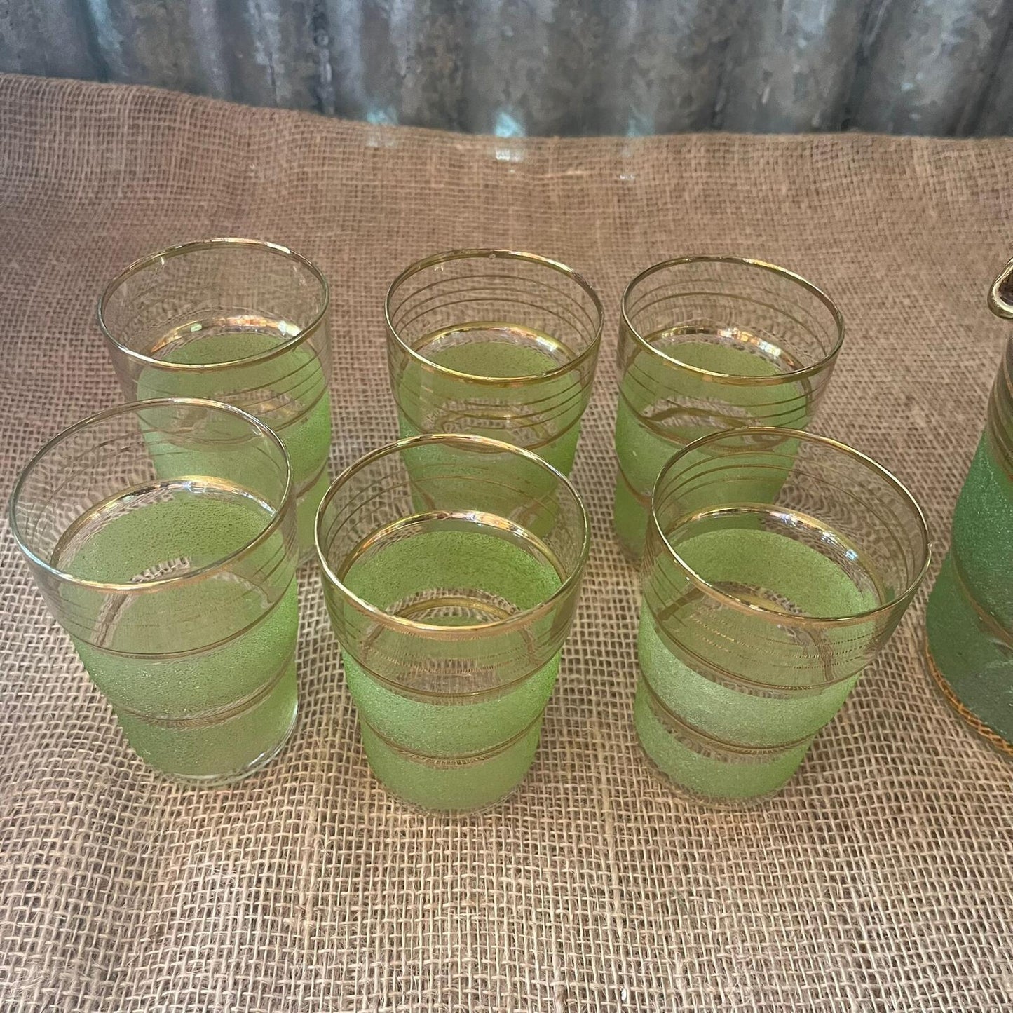 Vintage Italian? Glass Jug & 6 Glasses Green Frosted Gold Stripes