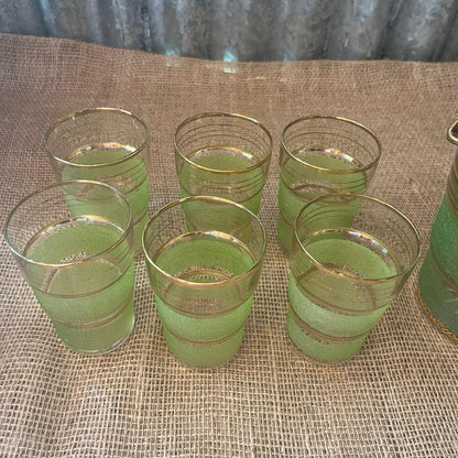 Vintage Italian? Glass Jug & 6 Glasses Green Frosted Gold Stripes