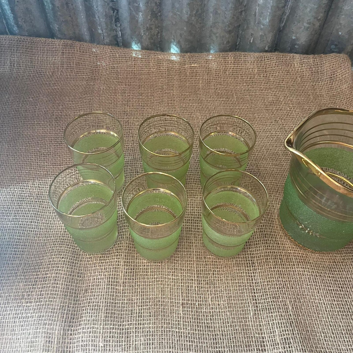 Vintage Italian? Glass Jug & 6 Glasses Green Frosted Gold Stripes