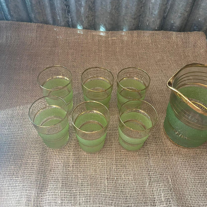 Vintage Italian? Glass Jug & 6 Glasses Green Frosted Gold Stripes