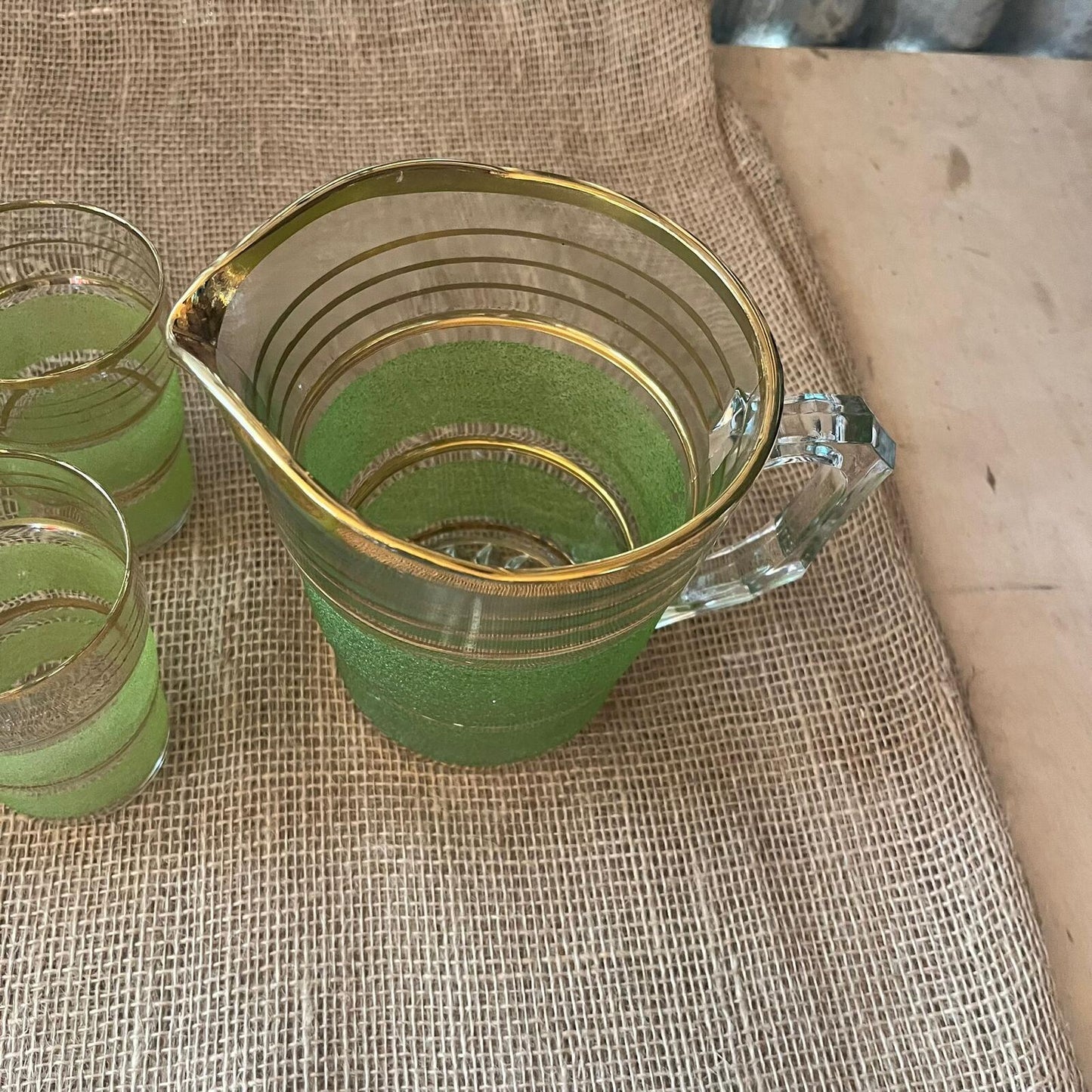 Vintage Italian? Glass Jug & 6 Glasses Green Frosted Gold Stripes