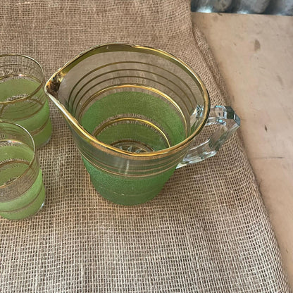 Vintage Italian? Glass Jug & 6 Glasses Green Frosted Gold Stripes