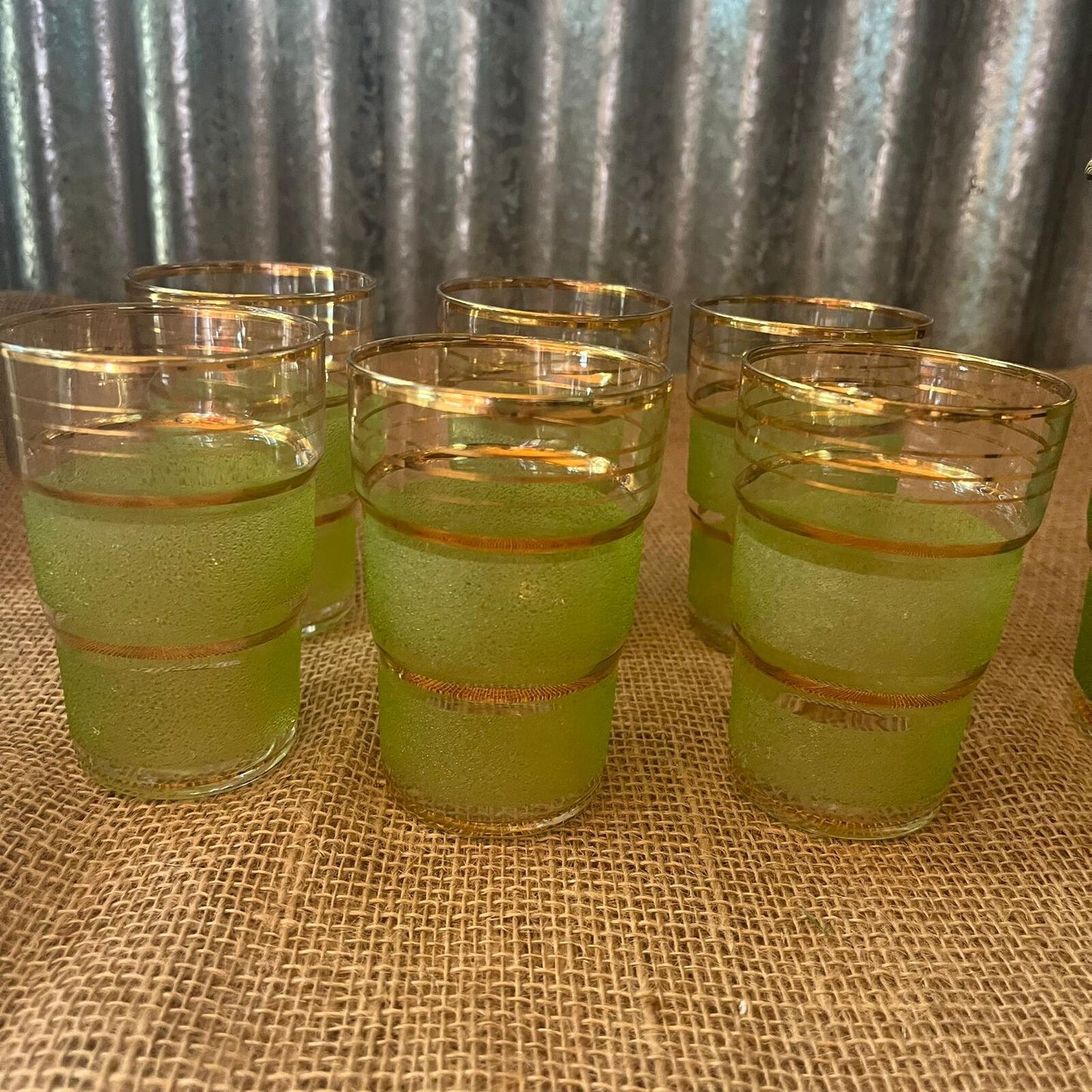 Vintage Italian? Glass Jug & 6 Glasses Green Frosted Gold Stripes