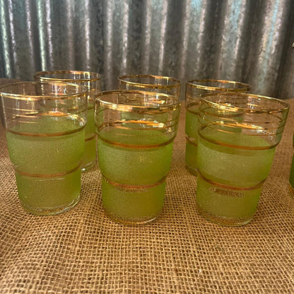 Vintage Italian? Glass Jug & 6 Glasses Green Frosted Gold Stripes