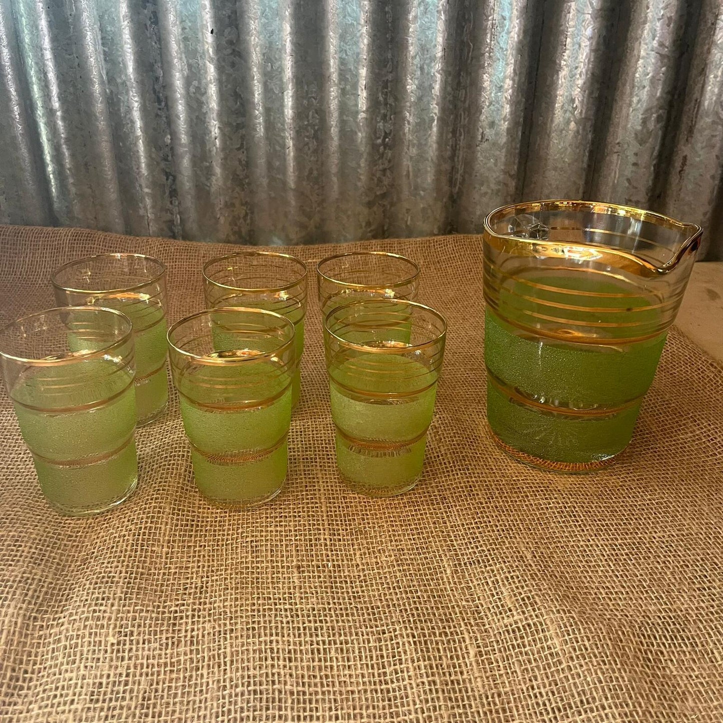 Vintage Italian? Glass Jug & 6 Glasses Green Frosted Gold Stripes