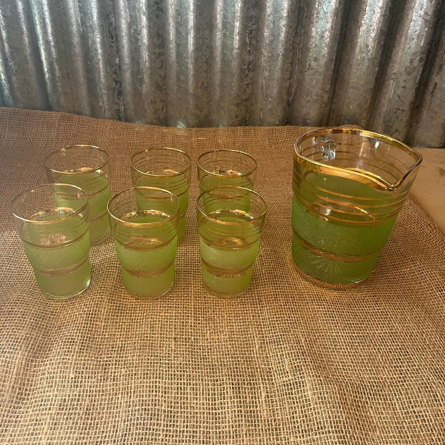 Vintage Italian? Glass Jug & 6 Glasses Green Frosted Gold Stripes