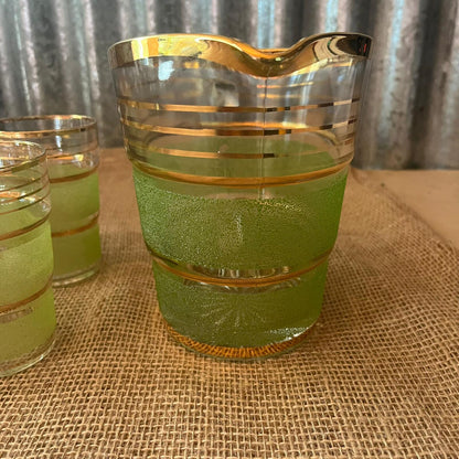 Vintage Italian? Glass Jug & 6 Glasses Green Frosted Gold Stripes