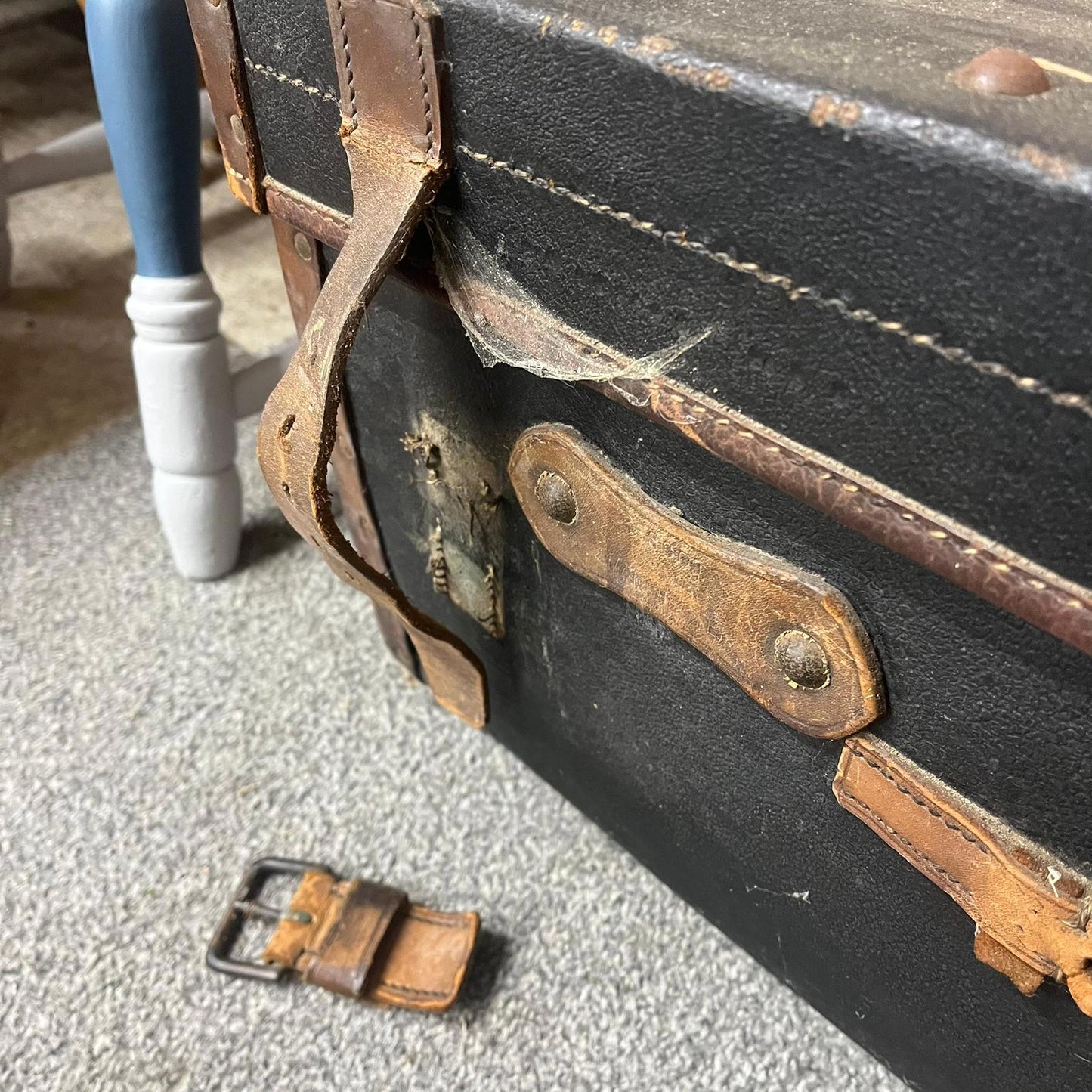 Vintage Leather Travel Trunk Black Carcass Brown Leather Straps and Handles