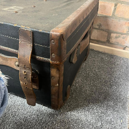Vintage Leather Travel Trunk Black Carcass Brown Leather Straps and Handles