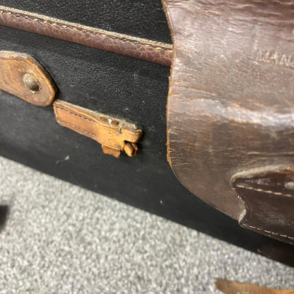 Vintage Leather Travel Trunk Black Carcass Brown Leather Straps and Handles