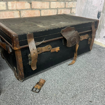 Vintage Leather Travel Trunk Black Carcass Brown Leather Straps and Handles