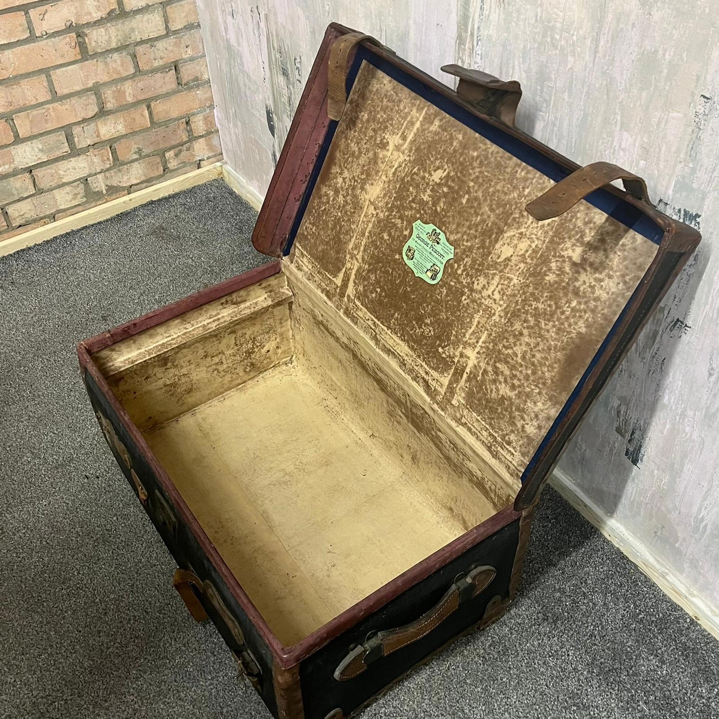 Vintage Leather Travel Trunk Black Carcass Brown Leather Straps and Handles