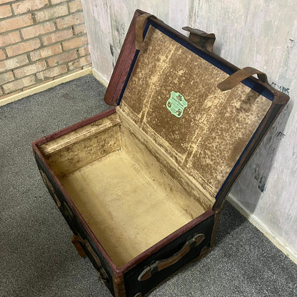 Vintage Leather Travel Trunk Black Carcass Brown Leather Straps and Handles