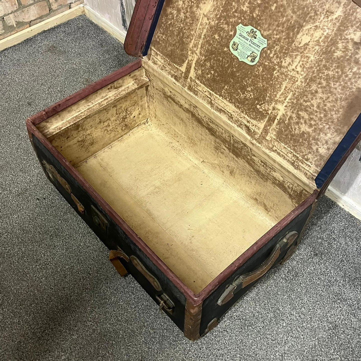 Vintage Leather Travel Trunk Black Carcass Brown Leather Straps and Handles